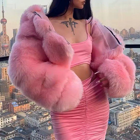 Pink Cozy Chic Faux Fur Couture Hooded Cropped Teddy Jacket - Picture 5 of 6